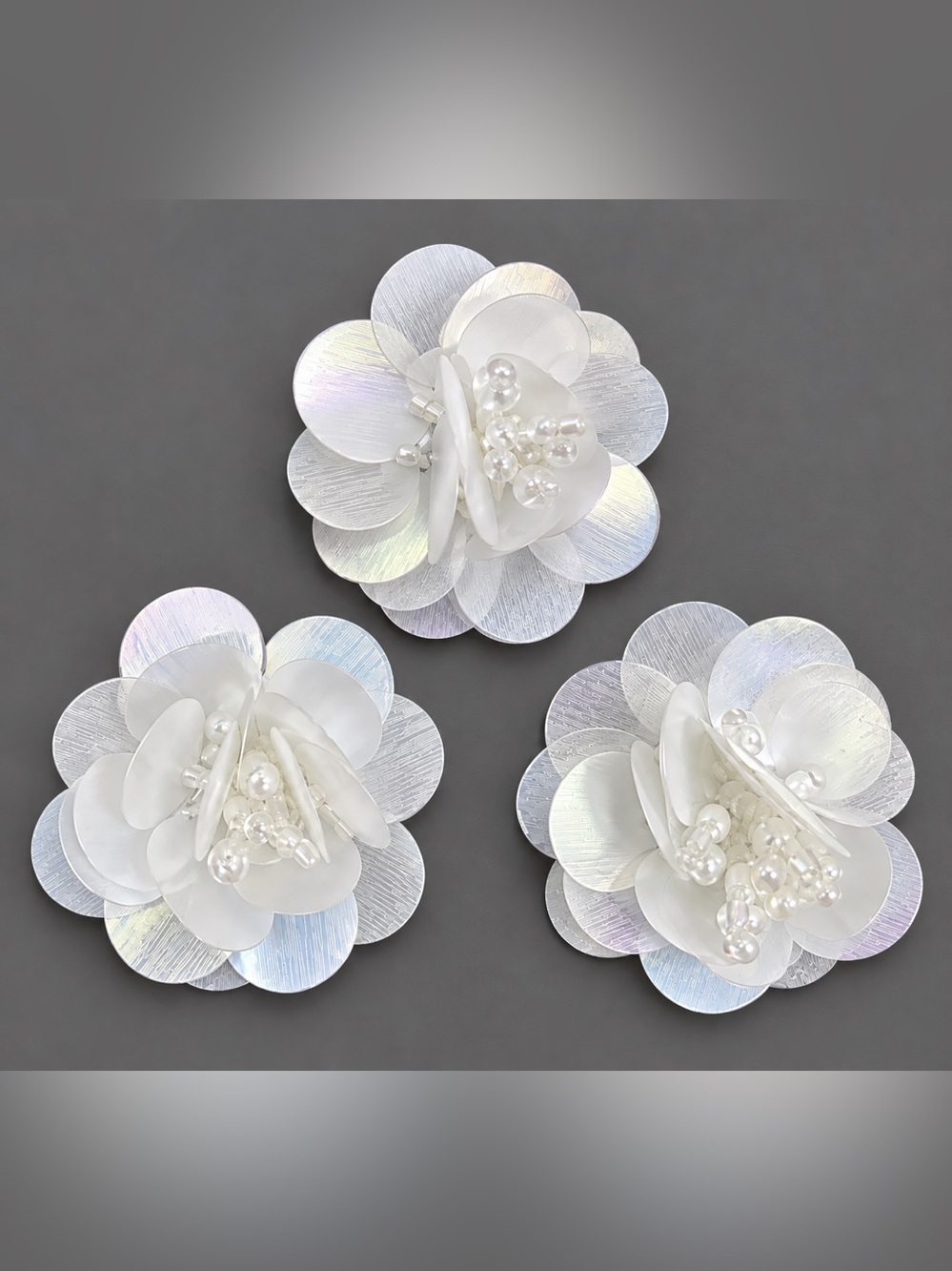 3-Piece Sequin Flower Appliqué Set | White 3D Floral Patches | Sew-On | NWT